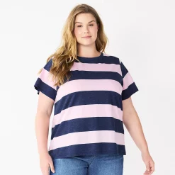 Plus Size Sonoma Goods For Life® Everyday Crewneck Tee -StyleUp Sales Store 5259072 Purp Navy Rugby Stripe