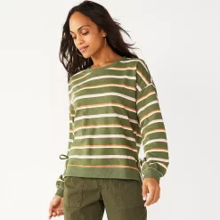 Women's Sonoma Goods For Life® Side Tie Sweatshirt -StyleUp Sales Store 5271671 Olive Hope Stripe