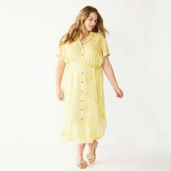 Plus Size Sonoma Goods For Life® Button Front Midi Shirt Dress -StyleUp Sales Store 5317244 Citron Dots