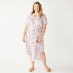 Plus Size Sonoma Goods For Life® Button Front Midi Shirt Dress -StyleUp Sales Store 5317244 Plum Quilt