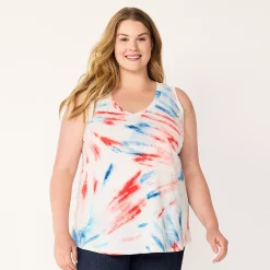 Plus Size Sonoma Goods For Life® V-Neck Swing Tank -StyleUp Sales Store 5497118 Blue Spiral Dye