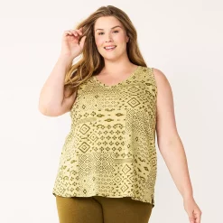 Plus Size Sonoma Goods For Life® V-Neck Swing Tank -StyleUp Sales Store 5497118 Green Ikat