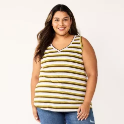 Plus Size Sonoma Goods For Life® V-Neck Swing Tank -StyleUp Sales Store 5497118 Green Stripe