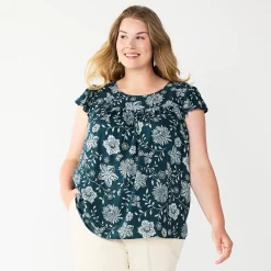 Plus Size Sonoma Goods For Life® Short Sleeve Yoke Front Top -StyleUp Sales Store 5511621 Green Blue Floral