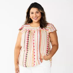 Plus Size Sonoma Goods For Life® Short Sleeve Yoke Front Top -StyleUp Sales Store 5511621 Peach Triangle Stripe