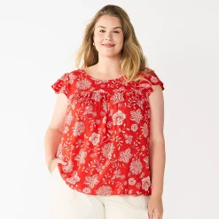 Plus Size Sonoma Goods For Life® Short Sleeve Yoke Front Top -StyleUp Sales Store 5511621 Red Floral