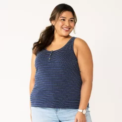 Plus Size Sonoma Goods For Life® Striped Henley Tank -StyleUp Sales Store 5528667 Navy Blue Stripe