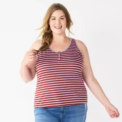 Plus Size Sonoma Goods For Life® Striped Henley Tank -StyleUp Sales Store 5528667 Purple Brown Stripe