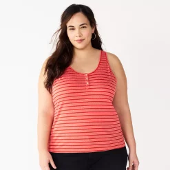 Plus Size Sonoma Goods For Life® Striped Henley Tank -StyleUp Sales Store 5528667 Red Coral Stripe