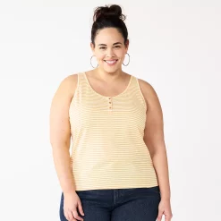 Plus Size Sonoma Goods For Life® Striped Henley Tank -StyleUp Sales Store 5528667 Yellow Stripe
