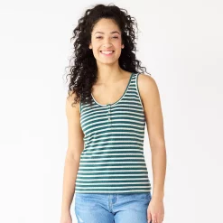 Women's Sonoma Goods For Life® Striped Henley Tank Top -StyleUp Sales Store 5529186 Green Cream Stripe