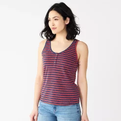 Women's Sonoma Goods For Life® Striped Henley Tank Top -StyleUp Sales Store 5529186 Red Navy Stripe