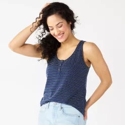 Women's Sonoma Goods For Life® Striped Henley Tank -StyleUp Sales Store 5542172 Blue Stripe