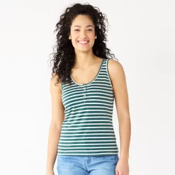 Women's Sonoma Goods For Life® Striped Henley Tank -StyleUp Sales Store 5542172 Green Cream Stripe