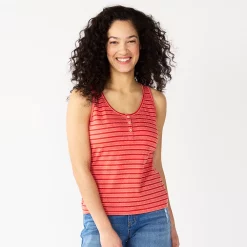 Women's Sonoma Goods For Life® Striped Henley Tank -StyleUp Sales Store 5542172 Red Coral Stripe