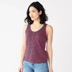 Women's Sonoma Goods For Life® Striped Henley Tank -StyleUp Sales Store 5542172 Red Navy Stripe