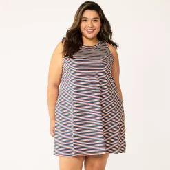 Plus Size Sonoma Goods For Life® Pocket Sleeveless Swing Dress -StyleUp Sales Store 5546108 Americana Stripe