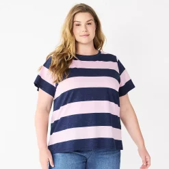 Petite Plus Size Sonoma Goods For Life® Crewneck Tee -StyleUp Sales Store 5572597 Purp Navy Rugby Stripe