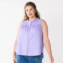 Plus Size Sonoma Goods For Life® Solid Ruffled Button-Front Tank -StyleUp Sales Store 5575169 Leland Purple