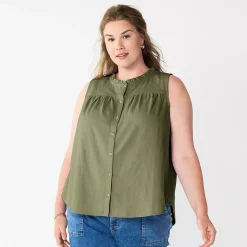 Plus Size Sonoma Goods For Life® Solid Ruffled Button-Front Tank -StyleUp Sales Store 5575169 Olive Night