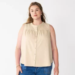 Plus Size Sonoma Goods For Life® Solid Ruffled Button-Front Tank -StyleUp Sales Store 5575169 Paradise Sand