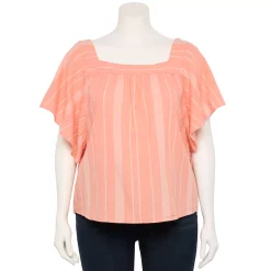 Plus Size Sonoma Goods For Life® Flutter Shoulder Top -StyleUp Sales Store 5581181 Coral Cream Stripe