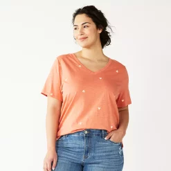Petite Plus Size Sonoma Goods For Life® Everyday V-Neck Tee -StyleUp Sales Store 5581510 Coral Heart