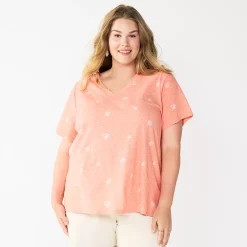 Petite Plus Size Sonoma Goods For Life® Everyday V-Neck Tee -StyleUp Sales Store 5581510 Coral Medium Floral