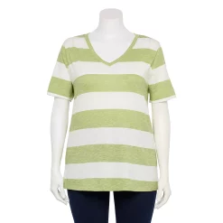 Petite Plus Size Sonoma Goods For Life® Everyday V-Neck Tee -StyleUp Sales Store 5581510 Lime Rugby Stripe