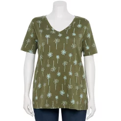 Petite Plus Size Sonoma Goods For Life® Everyday V-Neck Tee -StyleUp Sales Store 5581510 Olive Teal Palm Trees