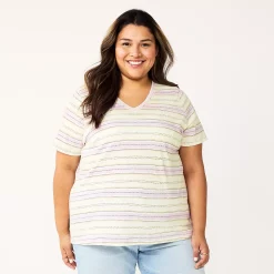 Petite Plus Size Sonoma Goods For Life® Everyday V-Neck Tee -StyleUp Sales Store 5581510 Purple Dot Stripe
