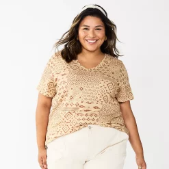 Petite Plus Size Sonoma Goods For Life® Everyday V-Neck Tee -StyleUp Sales Store 5581510 Tan Geo Ikat