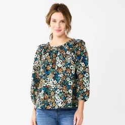 Women's Sonoma Goods For Life® Ruffle Shoulder Peasant Top -StyleUp Sales Store 5584039 Blue Black Floral