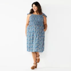 Plus Size Sonoma Goods For Life® Smocked Bodice Midi Dress -StyleUp Sales Store 5584078 Blue Vintage Floral