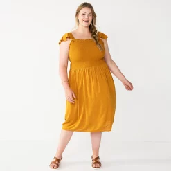 Plus Size Sonoma Goods For Life® Smocked Bodice Midi Dress -StyleUp Sales Store 5584078 Gold