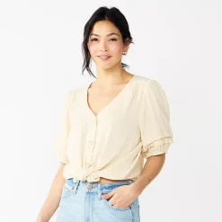 Women's Sonoma Goods For Life® Pleated Elbow-Sleeve Blouse -StyleUp Sales Store 5584778 Beige