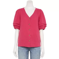 Women's Sonoma Goods For Life® Pleated Elbow-Sleeve Blouse -StyleUp Sales Store 5584778 Berry Blossom