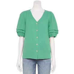 Women's Sonoma Goods For Life® Pleated Elbow-Sleeve Blouse -StyleUp Sales Store 5584778 Teal