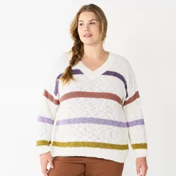 Plus Size Sonoma Goods For Life® Long Sleeve V-Neck Sweater -StyleUp Sales Store 5585496 Beige Stripe
