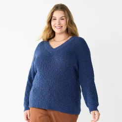Plus Size Sonoma Goods For Life® Long Sleeve V-Neck Sweater -StyleUp Sales Store 5585496 Blue