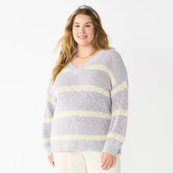 Plus Size Sonoma Goods For Life® Long Sleeve V-Neck Sweater -StyleUp Sales Store 5585496 Gray Stripe