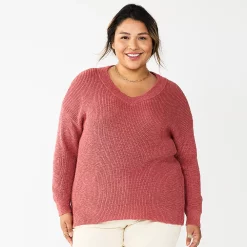 Plus Size Sonoma Goods For Life® Long Sleeve V-Neck Sweater -StyleUp Sales Store 5585496 Mauve