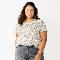 Plus Size Sonoma Goods For Life Seamed Flutter Sleeve Top -StyleUp Sales Store 5588211 Cream Black Floral