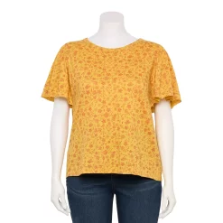 Plus Size Sonoma Goods For Life Seamed Flutter Sleeve Top -StyleUp Sales Store 5588211 Gold Red Floral