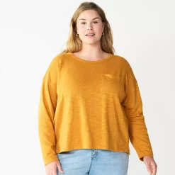 Plus Size Sonoma Goods For Life® Long Sleeve Pocket Tee -StyleUp Sales Store 5590050 Gold