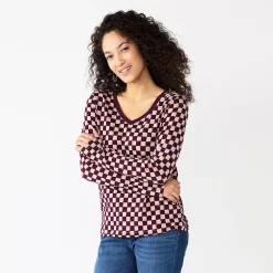 Women's Sonoma Goods For Life® Everyday V-Neck Long Sleeve Tee -StyleUp Sales Store 5625801 Berry Checkerboard