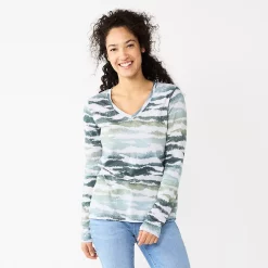 Women's Sonoma Goods For Life® Everyday V-Neck Long Sleeve Tee -StyleUp Sales Store 5625801 Blue Animal Print