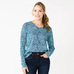 Women's Sonoma Goods For Life® Everyday V-Neck Long Sleeve Tee -StyleUp Sales Store 5625801 Blue Floral