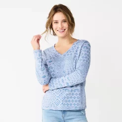 Women's Sonoma Goods For Life® Everyday V-Neck Long Sleeve Tee -StyleUp Sales Store 5625801 Blue Patchwork