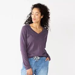 Women's Sonoma Goods For Life® Everyday V-Neck Long Sleeve Tee -StyleUp Sales Store 5625801 Dark Purple